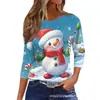 Padrão temático de Natal impressão 3D transfronteiriça nova camiseta casual feminina gola redonda manga longa direto do fabricante