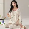 Pijama para Mujer Primavera y Otoño Imitación Algodón Casual Manga Larga Otoño e Invierno 2024 Nuevo Cuello Redondo Estilo Coreano Ropa de Casa Cómoda
