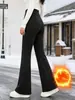Pantalones acampanados con forro polar y parche de cuero estilo transfronterizo para mujer, nuevos para otoño e invierno, de cintura alta, adelgazantes, microacampanados, jeans, venta al por mayor directa de fábrica, ropa para mujer