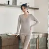 Conjunto Térmico de Ropa Interior para Mujer Otoño e Invierno, Aspecto Adelgazante Sin Costuras, Cuello Redondo, Camiseta Básica para la Cintura, Ropa de Otoño para Mujer y Pantalones Largos