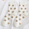 Calcetines Dulces de Primavera y Verano para Mujer, Calcetines de Algodón de Color Sólido con Lindo Oso de Dibujos Animados, Calcetines a Cuadros Transpirables hasta la Media Pantorrilla, Transpirables y Absorbentes del Sudor