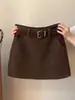Falda Larga de Lana Color Café Simple Estilo Coreano Retro para Mujer Otoño Invierno Nueva Moda Cintura Alta Adelgazante Versátil Falda Corta de Corte A