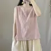 Chaleco artístico jacquard de algodón y lino vintage para mujer, nuevo estilo de verano, color liso, prenda exterior sin mangas versátil, top base ligero