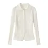 Cárdigan de punto gris 100% lana de oveja con cuello alto para mujer, top de punto acanalado ajustado estilo coreano de otoño, elegante camisa básica