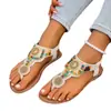Sandalias de Tira Fina con Pedrería de Talla Grande Transfronterizas con Suela Gruesa para Mujer, Sandalias de Playa con Tira Elástica Estilo Étnico con Perlas