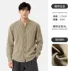 Camisa de Manga Larga para Hombre con Cuello Alto, Mezcla de Lyocell y Lino, Primavera Otoño, Textura Holgada, Transpirable, Color Sólido, Bolsillo, Camisa Casual