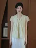 Jardim de Chá Campo de VerãoCamisa de manga curta plissada em liocel estilo chinês leve, top de corte solto com amarração frontal