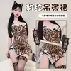 Lingerie Sexy com Estampa de Leopardo, Camisola Feminina com Fenda e Decote Revelador, Roupa de Dormir Sexy de Renda, Conjunto Sem Tirar, Lingerie Sexy 8375