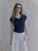 Camiseta de punto azul de manga corta con cuello de volantes para mujer, estilo francés de verano, única y chic, corte ajustado, longitud corta, juego de 1/4 de pulgada