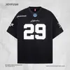 Camiseta Patchwork Bordada de Manga Curta para Homens, Tamanho Americano 29, Tendência de Verão Loose Sportswear Marca Gola Redonda Manga Meia Manga
