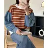 Suéter de Punto Patchwork Rayado de Mezclilla Versátil Estilo Coreano para Mujer, Estilo Otoño e Invierno, Suéter Casual Holgado de Nicho Petite
