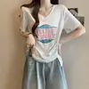 Camiseta de Manga Corta Holgada Adelgazante con Estampado de Letras para Mujer Talla Grande, Nuevo Estilo Coreano Verano 2025 Top Fruncido con Cuello en V