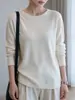 Suéter de Lana de Una Pieza sin Costuras 100% Lana Pura con Encaje Cuello Redondo para Mujer Manga Larga Pulóver Tejido Simple Top Base