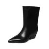 Botines de mujer hasta la pantorrilla con tacón grueso y piel de vaca de dos capas, nuevo estilo de otoño, botas de moda de piel auténtica con punta fina y tacón alto, botas de montar para mujer