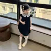Vestido de Verão 2026 Novo Estilo Coreano para Meninas Azul Marinho Bordado Vazado Gola Boneca Vestido Plissado Princesa para Meninas