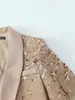 Exportação Transfronteiriça Moda Europeia e Americana Outono e Inverno 2025 Jaqueta de Terno de Tweed com Cadarço, Gola de Terno, Manga Longa, Estampa Floral e Lantejoulas