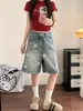 Shorts de Mezclilla Estilo Retro Americano Estampado de Estrellas Corte Holgado Adelgazante de Cintura Alta Pierna Recta Diseño Elegante de Cinco Puntas para Figuras Pequeñas