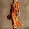 Vestido Transfronteiriço Novo Estilo com Decote em V e Mangas Longas com Elementos de Impressão Digital 3D, Saia Fashion e Personalizada para Marcar a Cintura Feminina