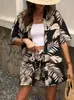 Conjunto de Dos Piezas para Mujer con Camisa Estampada y Shorts, Atuendo Casual Holgado de Verano para Vacaciones en la Playa, Ropa para Mujer al por Mayor Transfronteriza