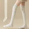Meias Longas Brancas Leitosas para Outono e Inverno para Mulheres, Meias Altas Cáqui, Meias até a Coxa Bege, Meias Acima do Joelho Patchwork Estilo Japonês, Meias Largas