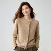 Elegante cárdigan de cachemir bordado hueco con volantes para otoño e invierno, suéter de cuello redondo, chaqueta de punto para mujer