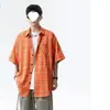 Camisa Xadrez Laranja de Manga Curta Masculina Camisa Casual de Verão cleanfit Manga Curta Processo Sem Passar Camisa Xadrez Masculina