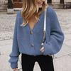 2026 Otoño e Invierno Europeo y Americano Nuevo Suéter de Comercio Exterior Cárdigan para Mujer Color Sólido Cuello en V Mangas de Linterna Botones Cárdigan de Punto