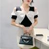Camiseta de verano elegante de moda con escote en V y lazo de manga corta con hombros descubiertos para mujer, camiseta ajustada que combina con todo, camiseta pequeña de moda