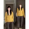 Chamarra sudadera de hombros descubiertos color amarillo jengibre para mujer, nuevo modelo principios de otoño 2026, top estilo coreano inspirado en la dopamina para personas petite