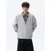 Sudadera con capucha de solapa a cuadros estilo americano de dos piezas falsas para hombre Talla grande Marca de moda Primavera/Otoño Estilo perezoso Camisa POLO de pareja Top