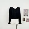 Blusa de algodão Tencel com gola de renda francesa preta, camisa versátil de manga comprida leve e doce para o início do outono, cor sólida, direto da fábrica