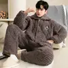 Pijama de coralina de invierno para hombre, tres capas de algodón acolchado con forro polar de franela, traje cálido para el hogar de otoño e invierno