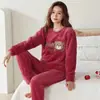 Novos Pijamas de Outono e Inverno para Mulheres, Flanela Espessa, Calças Casuais de Manga Longa com Desenhos Fofos, Roupas de Casa de Veludo Coral para Mulheres