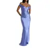 Vestido largo de satén estilo europeo y americano, con hombros descubiertos, escote en V, ajustado, corte sirena, color liso, de alta gama, elegante, C