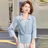 Camisa leve de manga três quartos para primavera para mães, blusa fina da moda, camisa de corte solto para primavera-verão para mulheres de meia-idade e idosas