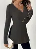 Moda feminina europeia e americana transfronteiriça 2026 Amazon outono e inverno novo top elegante de cor sólida com decote em V e manga longa slim fit