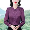 Nueva Blusa de Seda Satín Morada Estilo Chino para Mujer, Camisa de Manga Larga, Nuevo Modelo Primavera y Otoño, Camisa Bordada de Seda de Morera Estilo Nacional