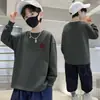 Camiseta de Manga Longa 100% Algodão para Meninos Outono Crianças Solta Gola Redonda Média e Grande Moda Casual Infantil Camiseta Básica Roupa Infantil