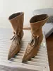 Botines Nuevos Otoño 2026 Estilo Coreano Gamuza Punta Puntiaguda Correa Cruzada Tobillo para Mujer, Tacón de Aguja, Caña Ancha, Botines de Tacón Medio