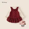 Conjunto Seleccionado para Niñas Ropa de Invierno Dobladillo Fruncido Ropa Interior para Niños Falda Rojo Botón Conjunto de Dos Piezas Ropa de Fiesta para Niños Pequeños