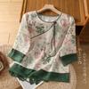 Foto Real de Blusas de Algodón y Lino de Manga Tres Cuartos para Mujer con Arte Floral de Organza Retro de Alta Gama Blusas de Algodón y Lino Nuevo Estilo