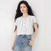 2025 Nuevo Verano Estilo Coreano Casual Versátil Holgado Cuello Redondo Abotonadura Sencilla Camisas de Manga Corta a Rayas para Mujer