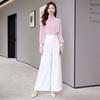 Conjunto de Duas Peças Estilo Lady Temperamento 2025 Retrô Gola Alta, Camisa Estilo Ocidental Redutora de Idade, Versátil, Look Emagrecedor e Calças de Perna Larga Fashion