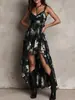 Vestido Largo Estampado de Tirantes Finos Estilo Europeo y Americano Marca Independiente 2026 para Mujer, Abertura Alta, Ceñido a la Cintura, Adelgazante, Elegante Vestido de Fiesta