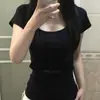 Camiseta Cuadrada de Manga Corta de Color Sólido Estilo Coreano Ins para Mujer, Verano 2025, Estilo Chica Picante, Corte Ajustado, Top Versátil