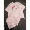 Conjunto de Pijama Rosa Estilo Doce Coreano com Top de Manga Curta e Shorts do KT Cat para Mulheres 2026 Chegada Nova de Verão Conjunto de Roupa para Casa Adequado para Sair