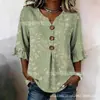 Nova camiseta feminina estampada com gola V e babados, camisa casual elegante para o trabalho no verão