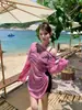 Traje de baño de manga larga protector solar para mujer talla grande, estilo coreano, adelgazante y favorecedor de la figura, conjunto de tres piezas, cobertura de bikini para vacaciones en la playa