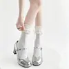 Calcetines Lolita dulces estilo japonés hasta la pantorrilla con ribete de encaje y lazos apilados para niñas, lindos blancos