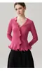 Estilo outono e inverno, jaqueta cardigã de caxemira com mangas sino e borda ondulada tridimensional para mulheres, blusa de tricô de manga longa, top elegante